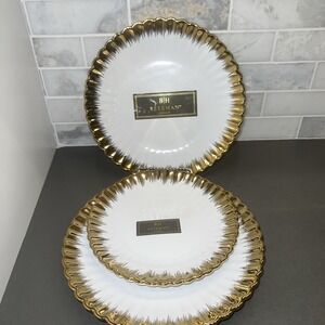 NEW Beekman Home white porcelain 2 dinner plates, 1 Salad Plate gold fluted rim